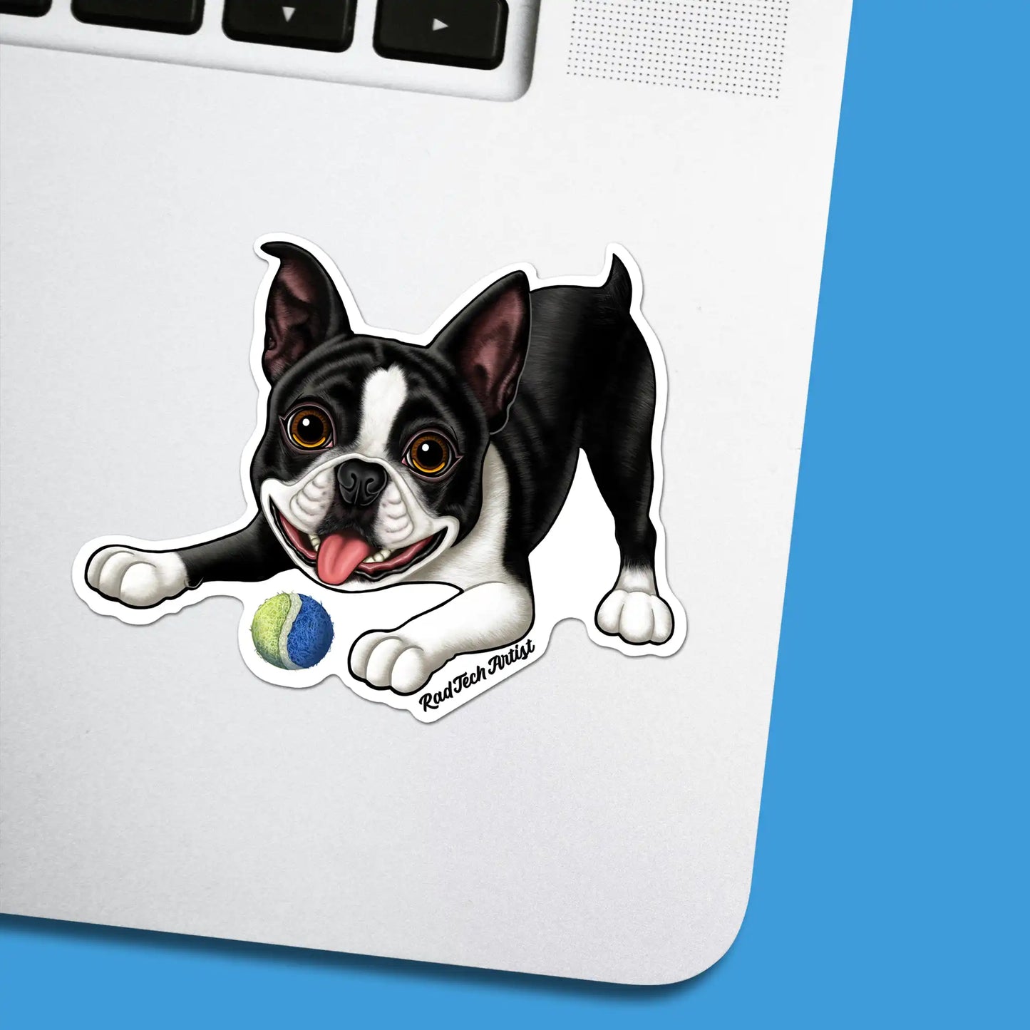 Sticker of a black and white Boston Terrier on a laptop with a blue background