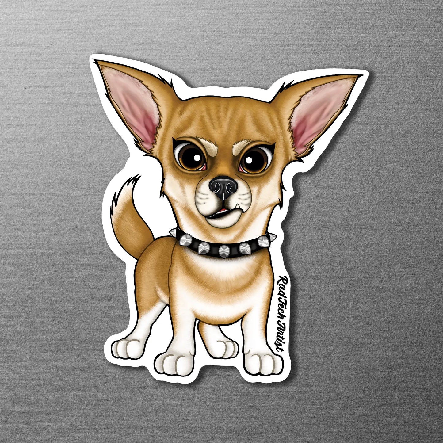Magnet of a fawn apple head Chihuahua on a metallic surface