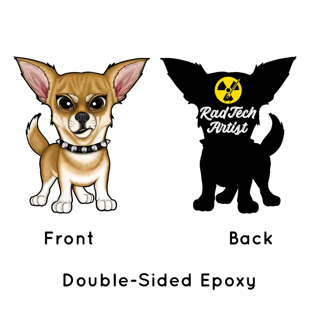Front-and-back keychain design of a fawn Chihuahua.