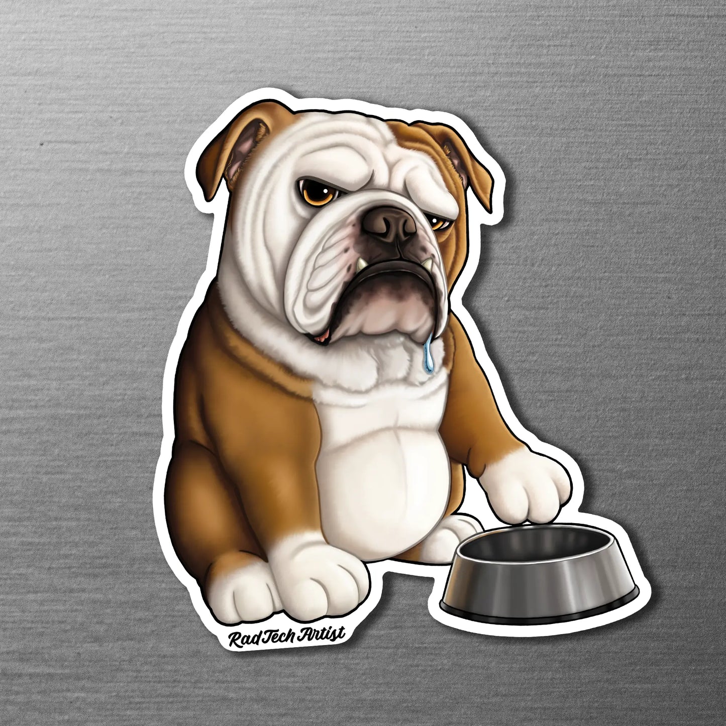 Magnet of an English bulldog with a bowl on a metallic background