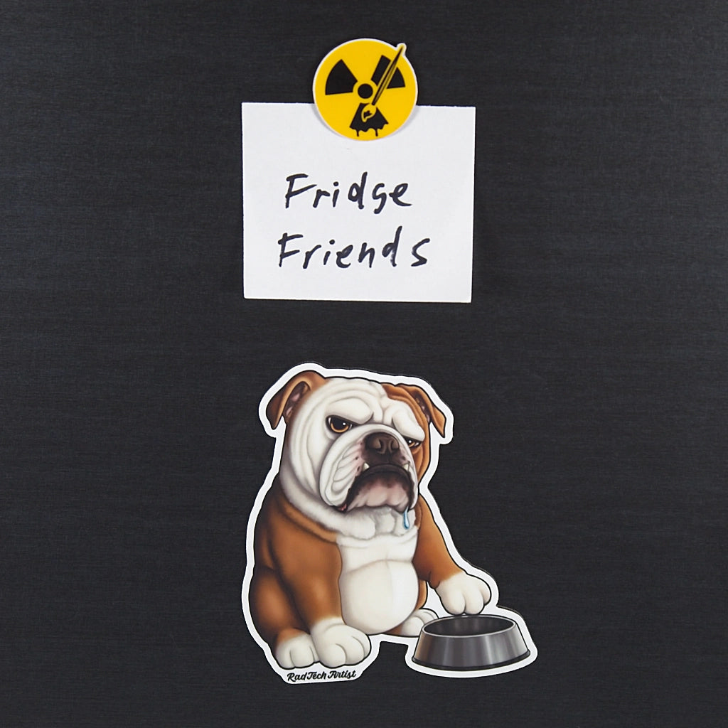 Magnet of a red and white English Bulldog tapping a silver bowl with 'Fridge Friends' text and radiation symbol above it on a black background.