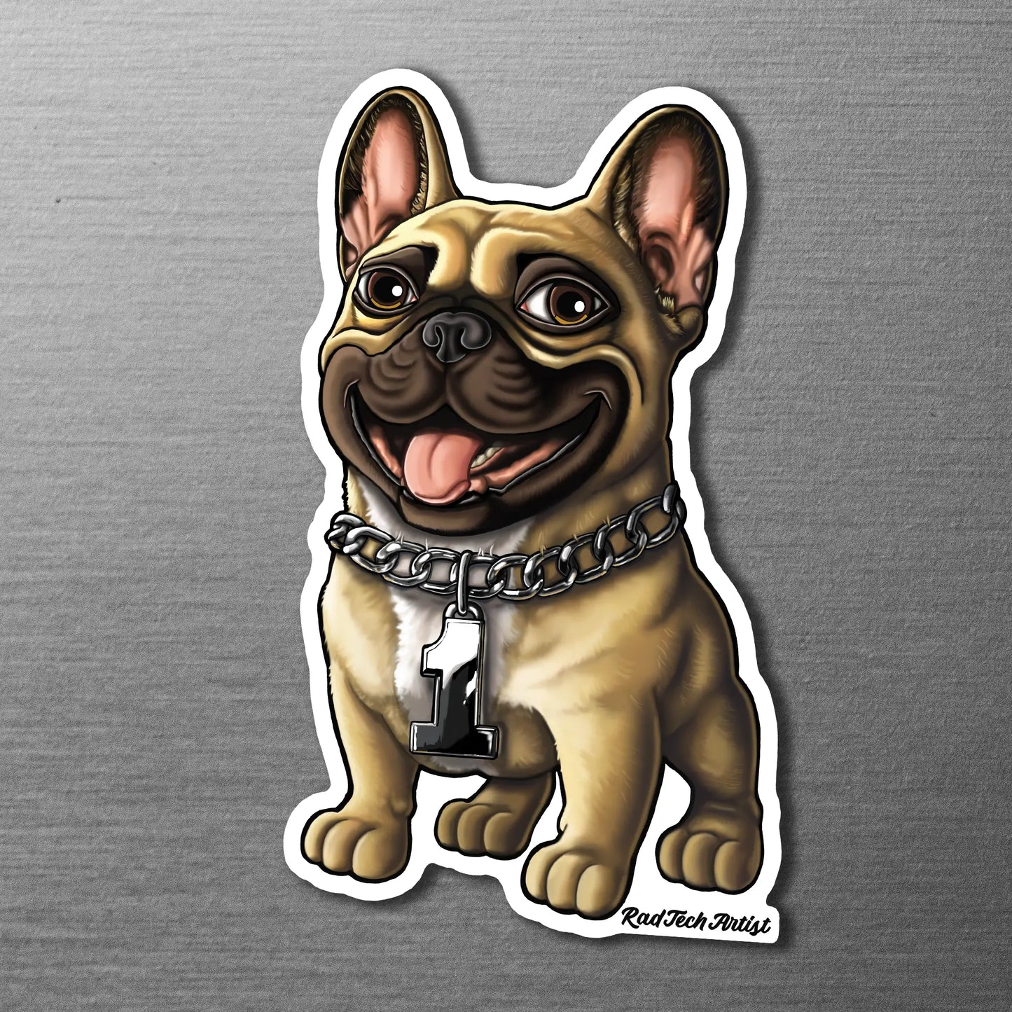 Magnet of a fawn French Bulldog with a silver chain on a metallic background