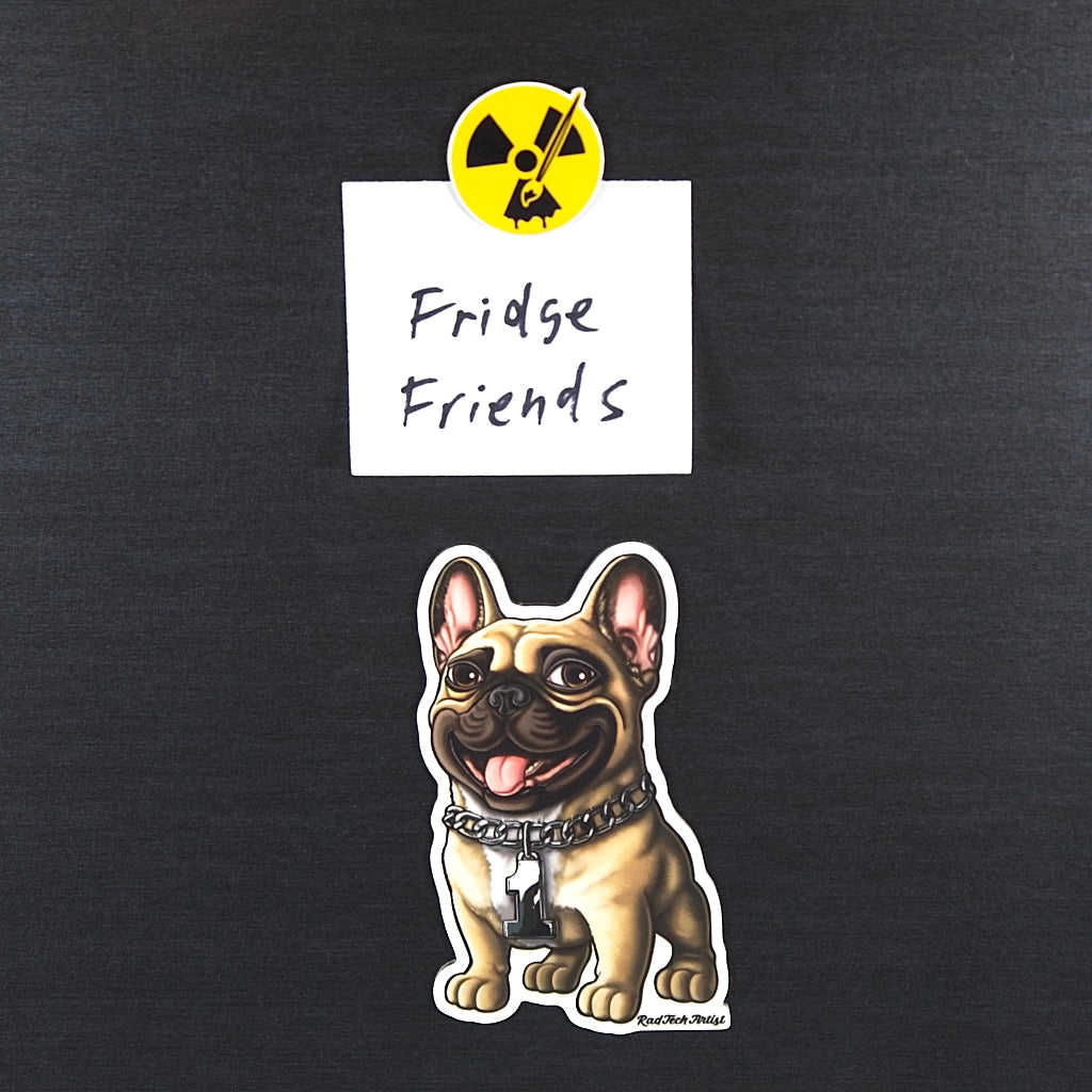 Magnet of fawn French Bulldog with number 1 silver chain with 'Fridge Friends' text and radiation symbol above it on a black background.