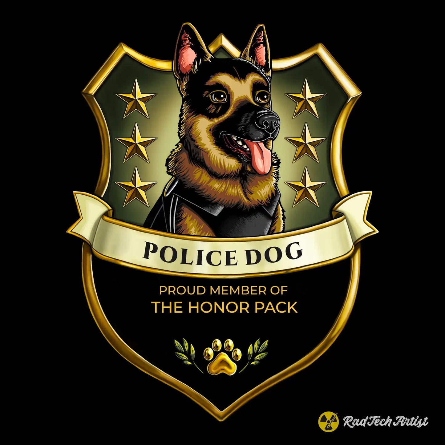 German Shepherd Police dog emblem with text 'Proud Member of the Honor Pack' on a black background