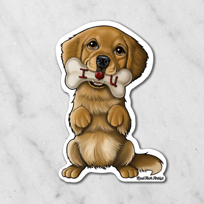 Magnet of a Golden Retriever holding a bone with 'I love you' written on it on a white background
