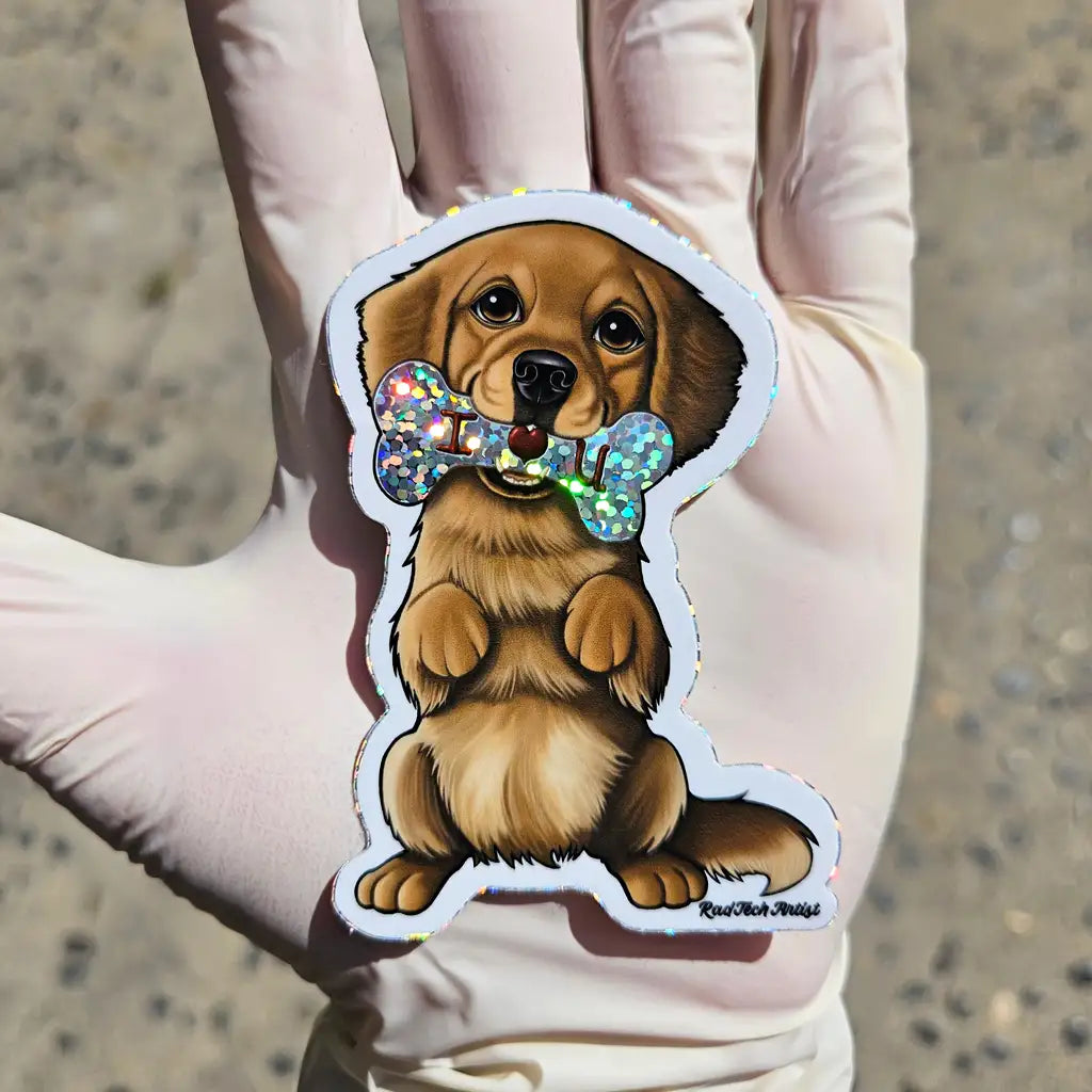 Glitter Golden Retriever sticker – cute vinyl dog decal with sparkling “I ♥ U” bone, perfect for laptops, water bottles, and journals.