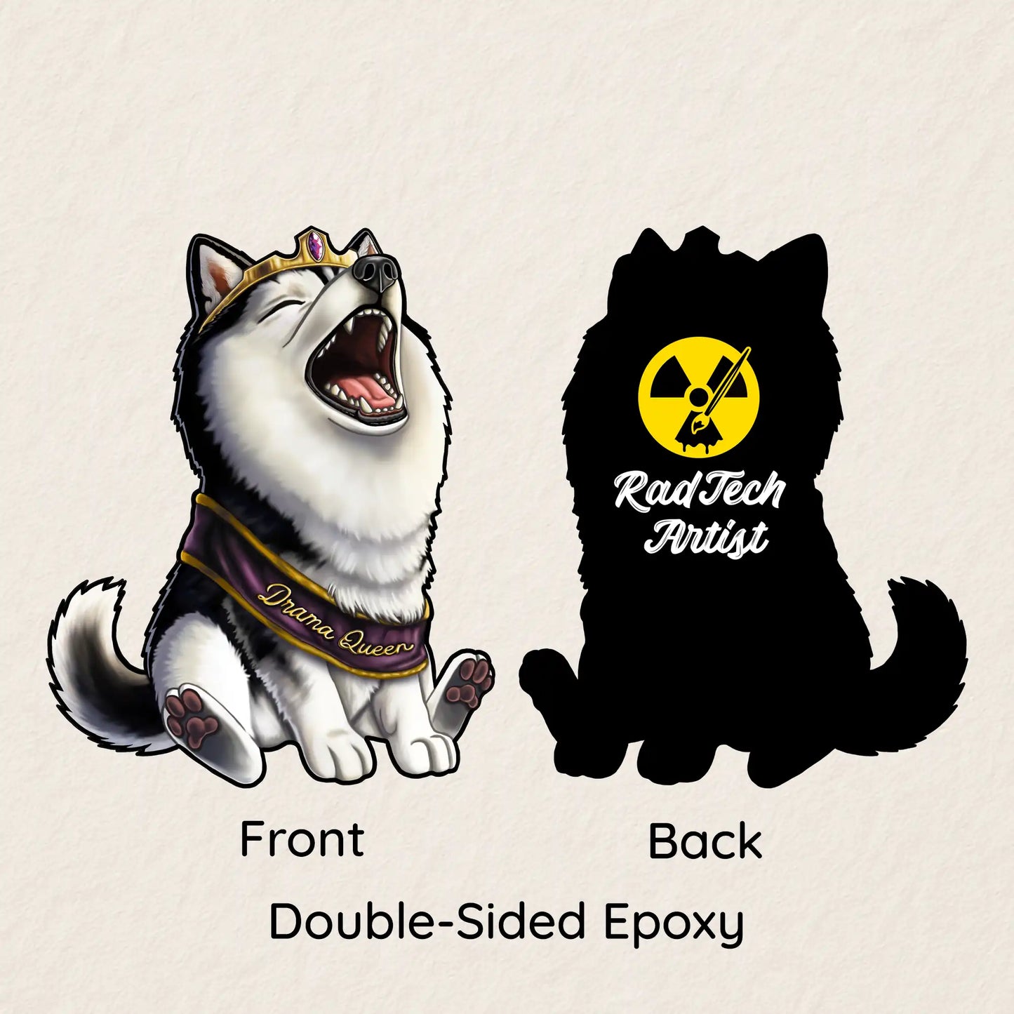 Front and back images of a keychain of a husky