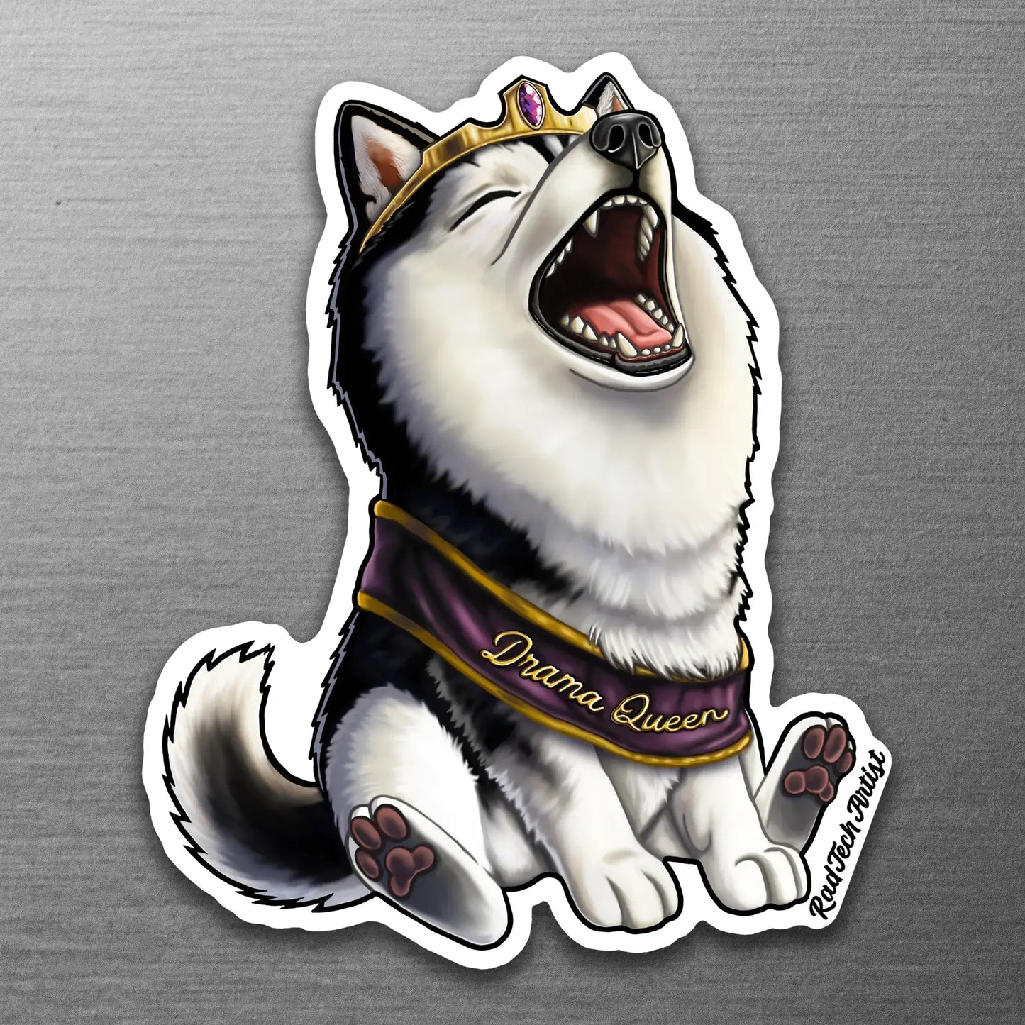Magnet of a black and white husky with a tiara and 'Drama Queen' sash on a metallic background