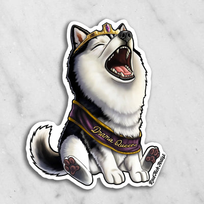 Magnet of a black and white husky with a tiara and 'Drama Queen' sash on a marble background