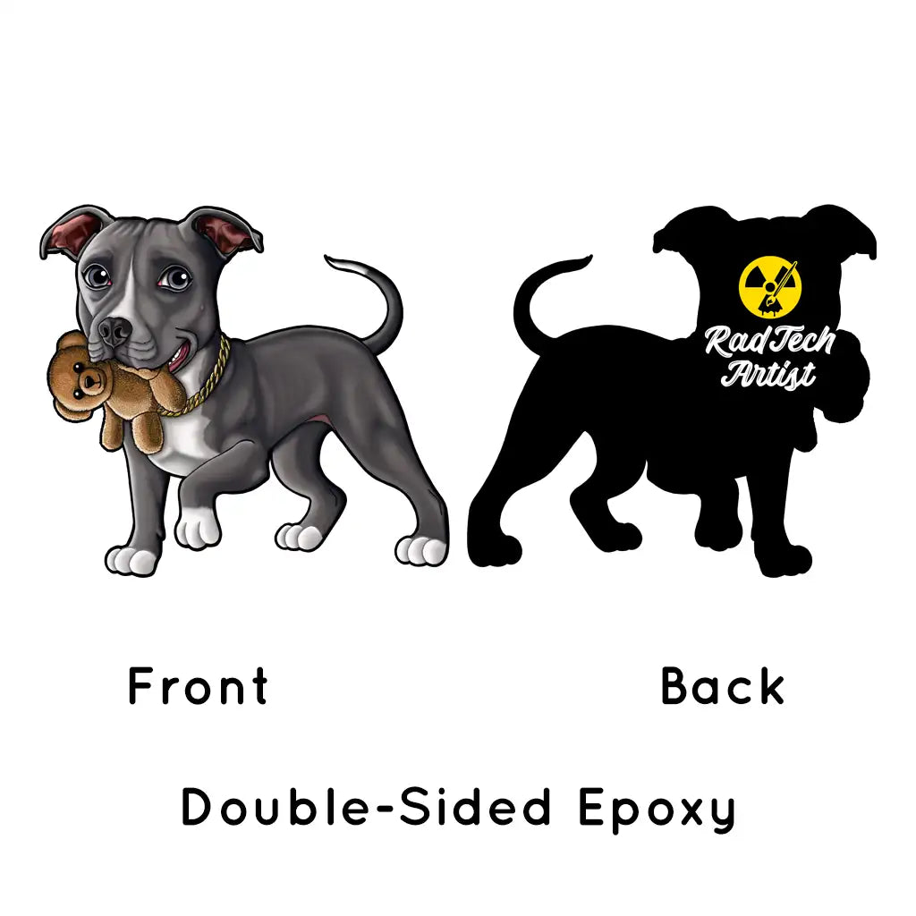 Front-and-back keychain design of a blue and white Pit Bull.