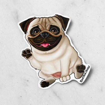 Sticker of a fawn pug dog on a light gray background
