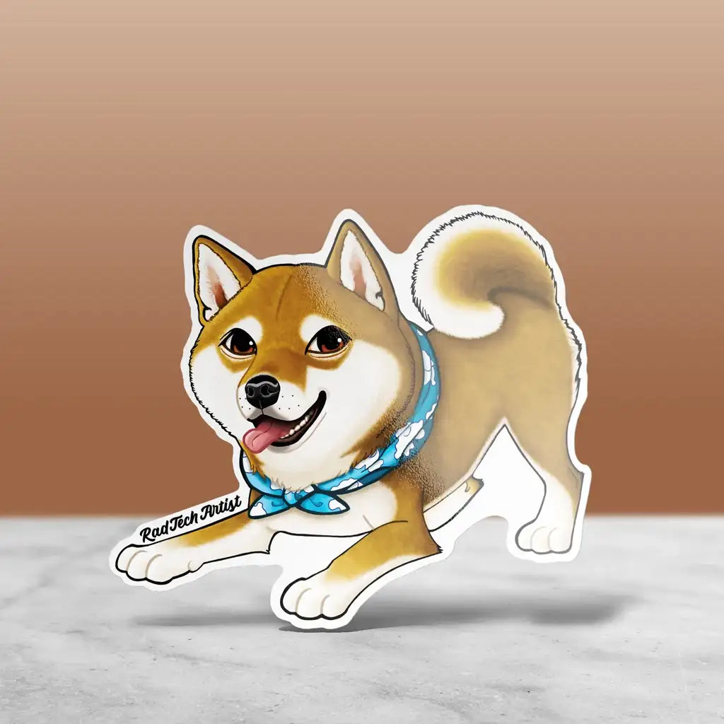 Red Shiba Inu sticker in a friendly play-bow pose, wearing a blue bandana and smiling.