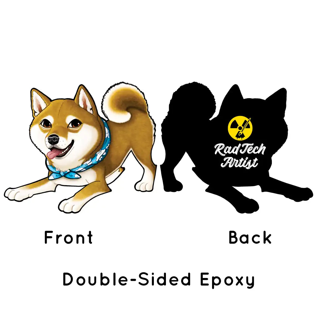 Front-and-back keychain design of a red Shiba Inu.