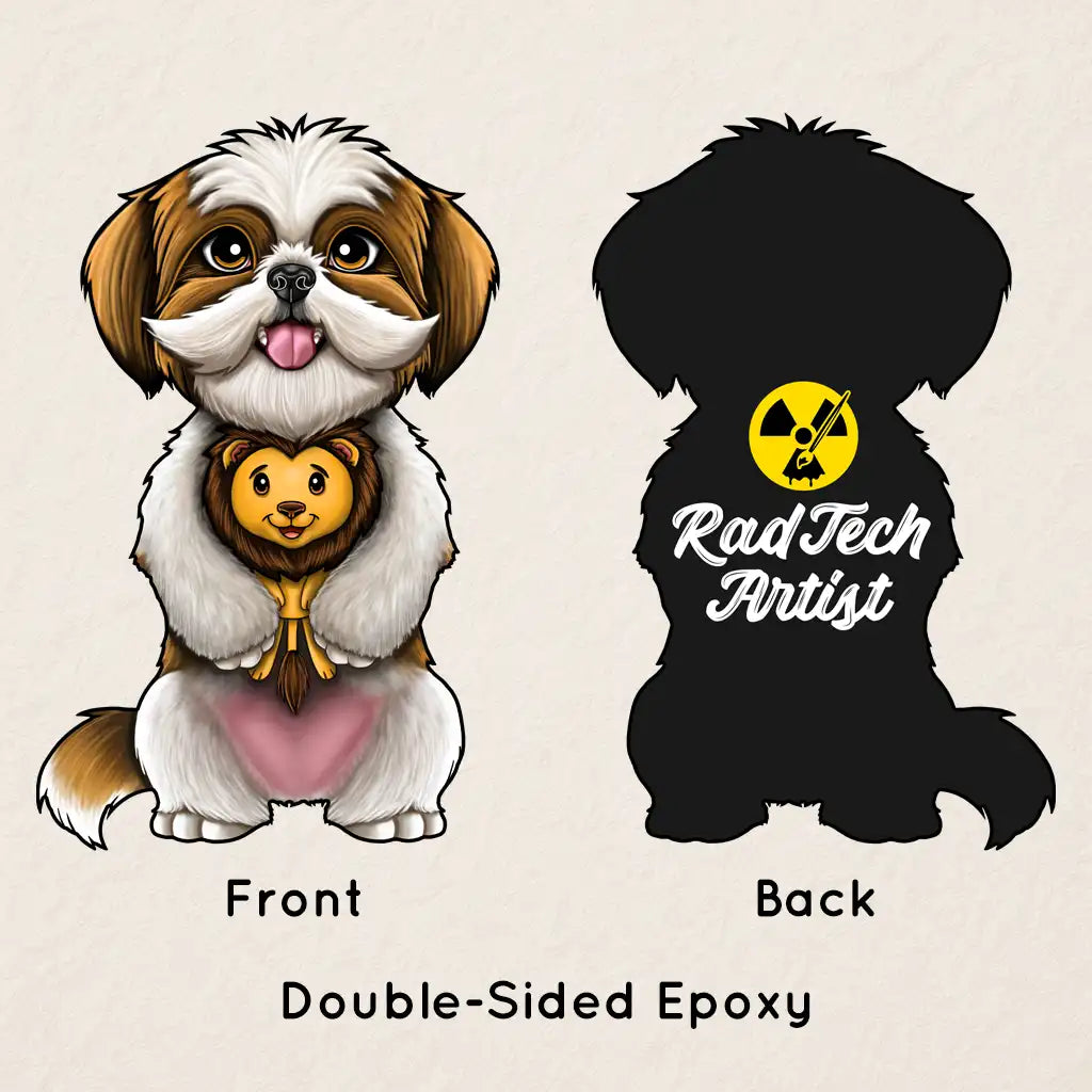 Shih Tzu keychain front and back – cute white and tan dog holding a plush lion toy, with “Rad Tech Artist” logo on the back silhouette.