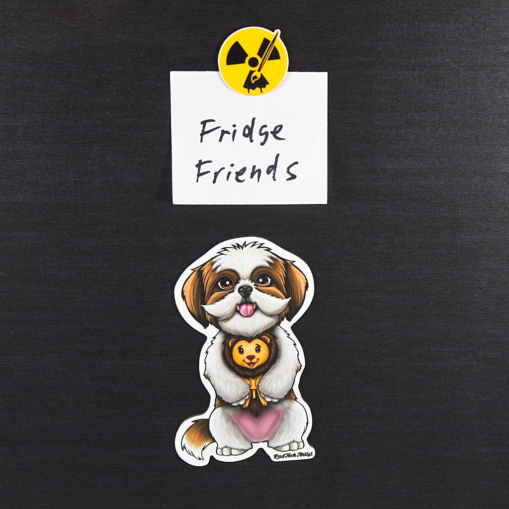 Magnet of a gold and white Shih Tzu holding a toy lion with 'Fridge Friends' text and radiation symbol above it on a black background.
