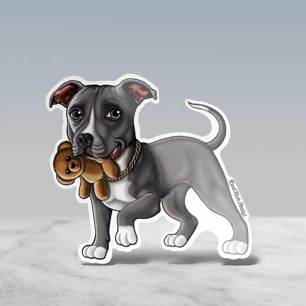 Illustrated sticker of a blue pit bull standing with a sweet expression, holding a small brown teddy bear in its mouth. The dog has white paws, a gold chain collar, and a wagging tail.