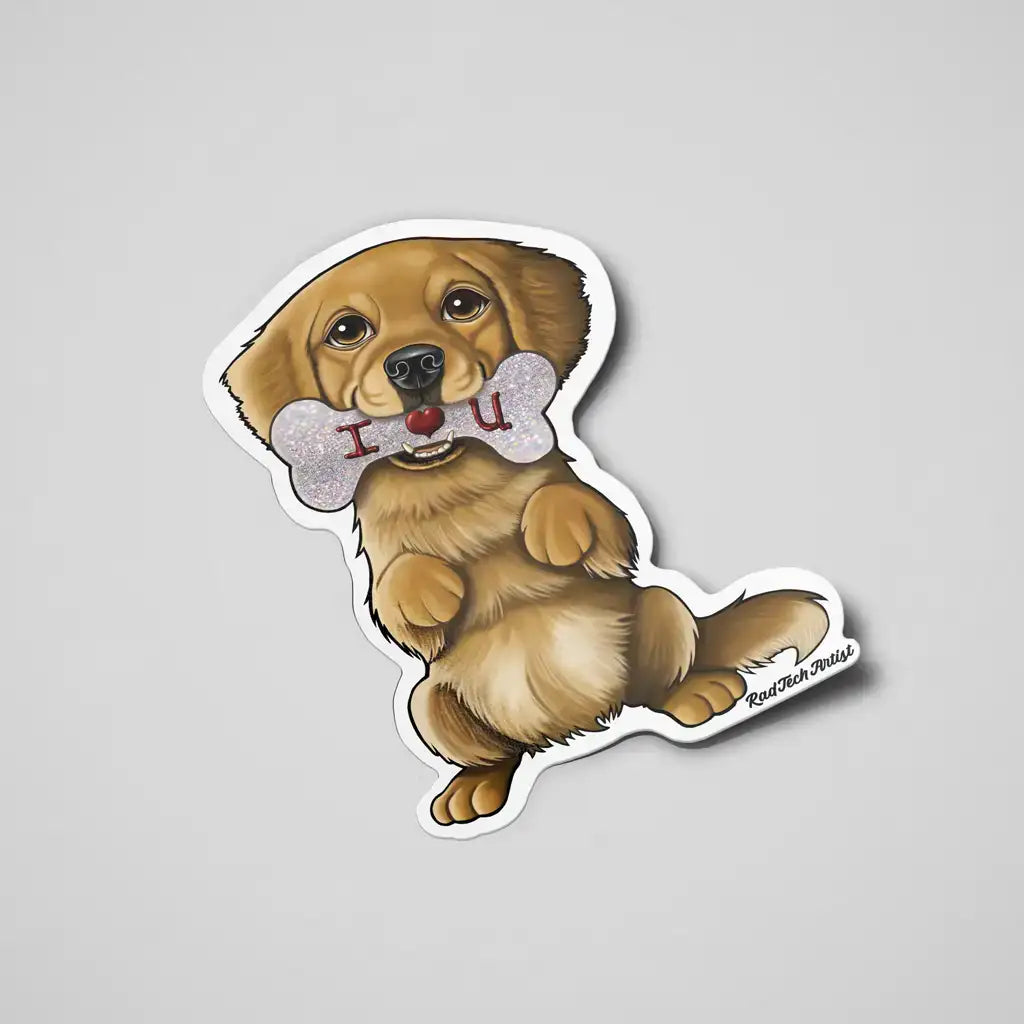 Golden Retriever vinyl sticker with glitter “I ♥ U” bone – cute dog design on light gray background.