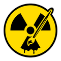 Yellow and black radiation symbol logo featuring a stylized paintbrush and paint drip detail, enclosed with a bold black outer border. Represents the Rad Tech Artist brand.