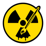 Yellow and black radiation symbol logo featuring a stylized paintbrush and paint drip detail, enclosed with a bold black outer border. Represents the Rad Tech Artist brand.
