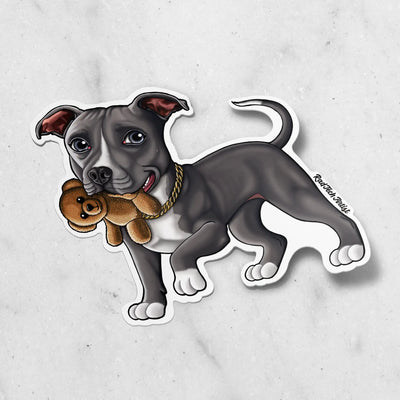 Sticker of a blue and white Pit Bull with a brown teddy bear on a light gray background