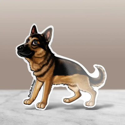 Black an tan German Shepherd sticker in a standing pose, looking upward with alert, expressive eyes.