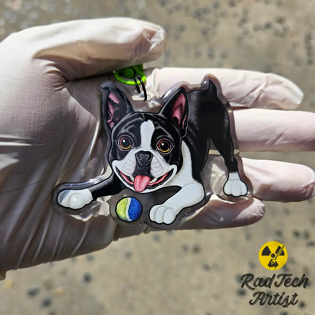 Boston Terrier acrylic keychain with epoxy finish, showing a black and white tuxedo pup crouched low with a tennis ball. Attached to a green lobster clasp and held in a gloved hand under sunlight, with the Rad Tech Artist logo in the corner.