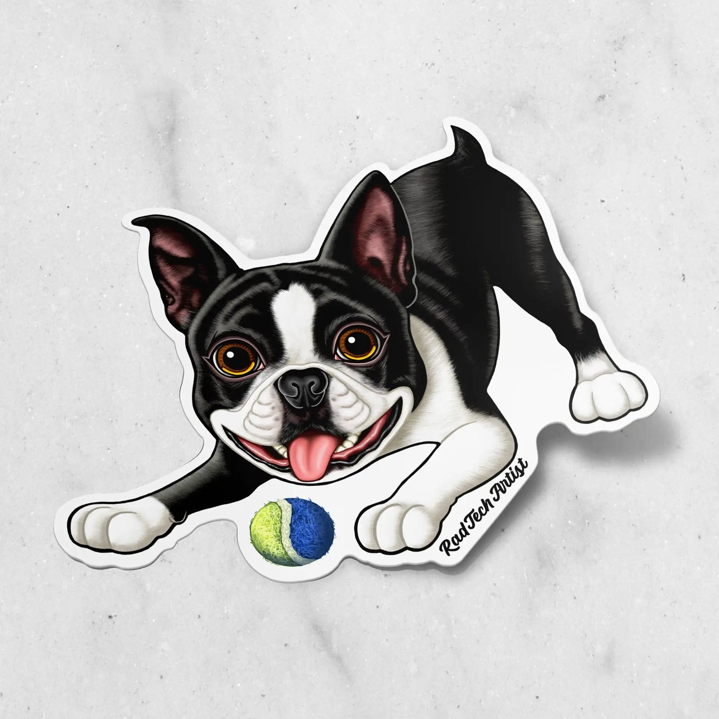 Sticker of a black and white Boston Terrier with a tennis ball on a textured surface