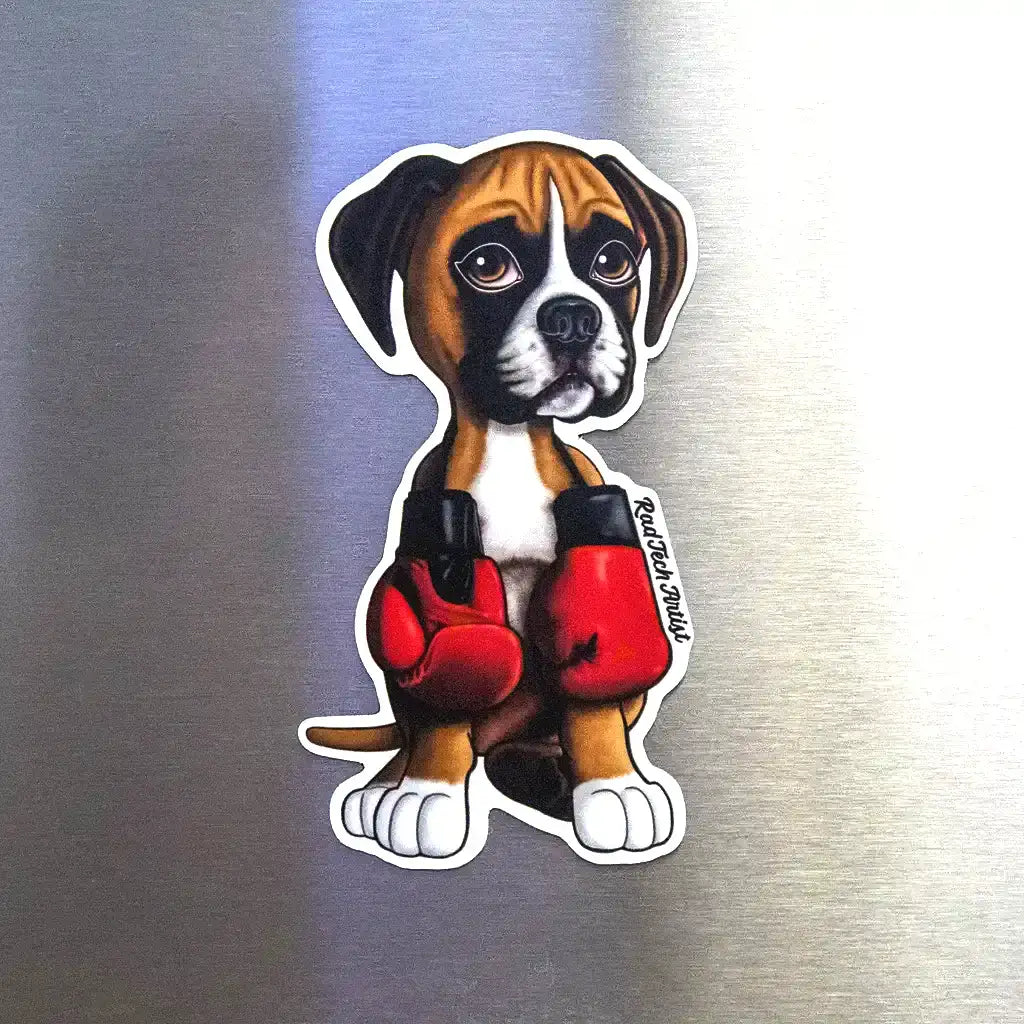 Fawn Boxer puppy dog magnet wearing red boxing gloves displayed on a stainless steel fridge surface.