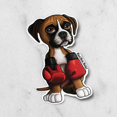 Sticker of a fawn Boxer puppy wearing boxing gloves on a textured white background