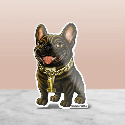 Brindle French Bulldog sticker wearing a gold chain with a number one pendant, smiling proudly with tongue out.
