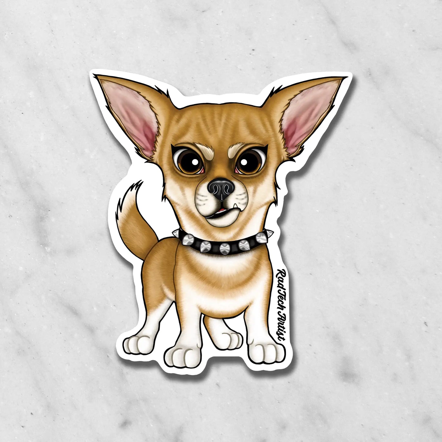 Magnet of a fawn Apple Head Chihuahua dog with a spiked collar on a marble background