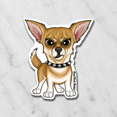 Magnet of a fawn Apple Head Chihuahua dog with a spiked collar on a marble background