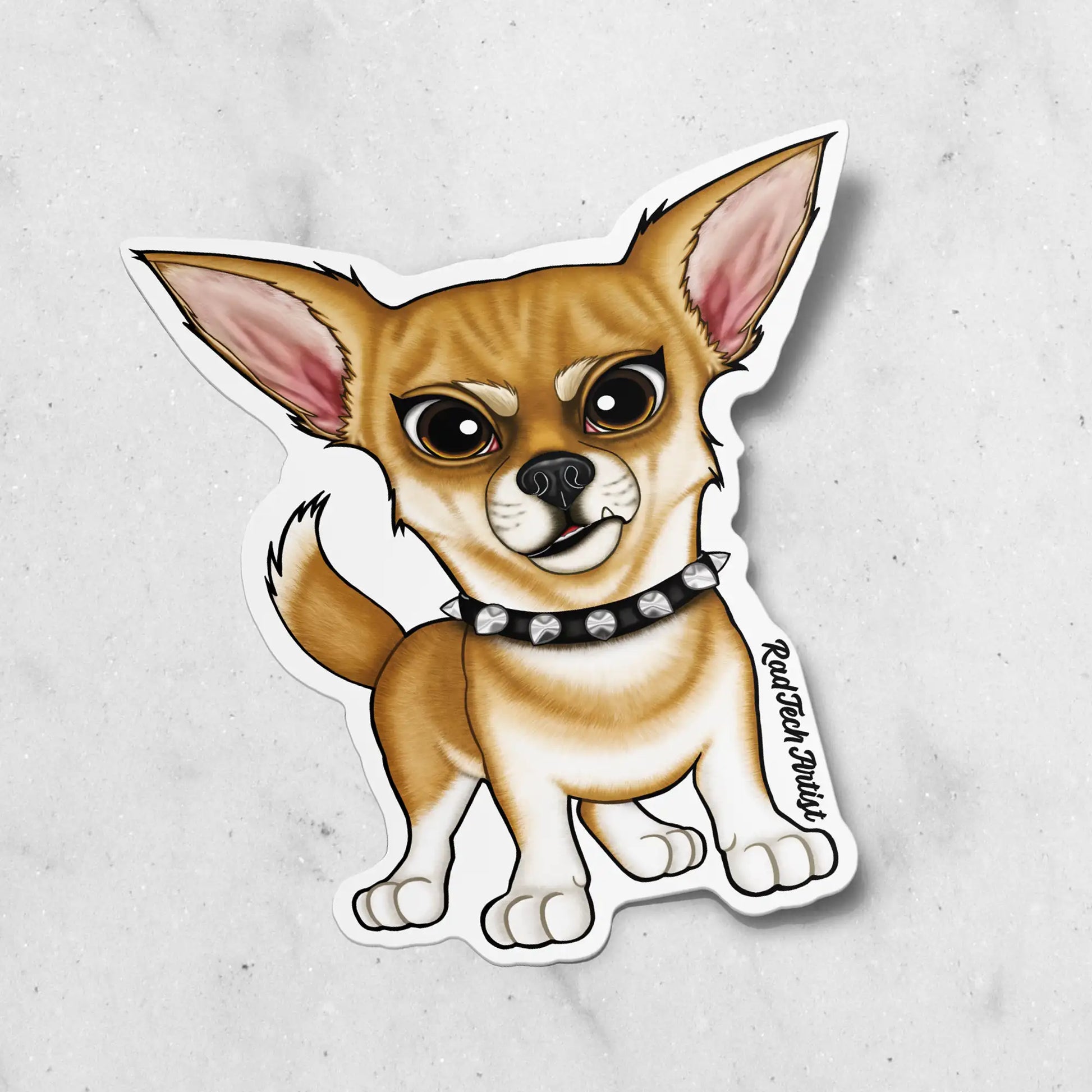 Sticker of a fawn chihuahua dog with a black collar on a light gray background