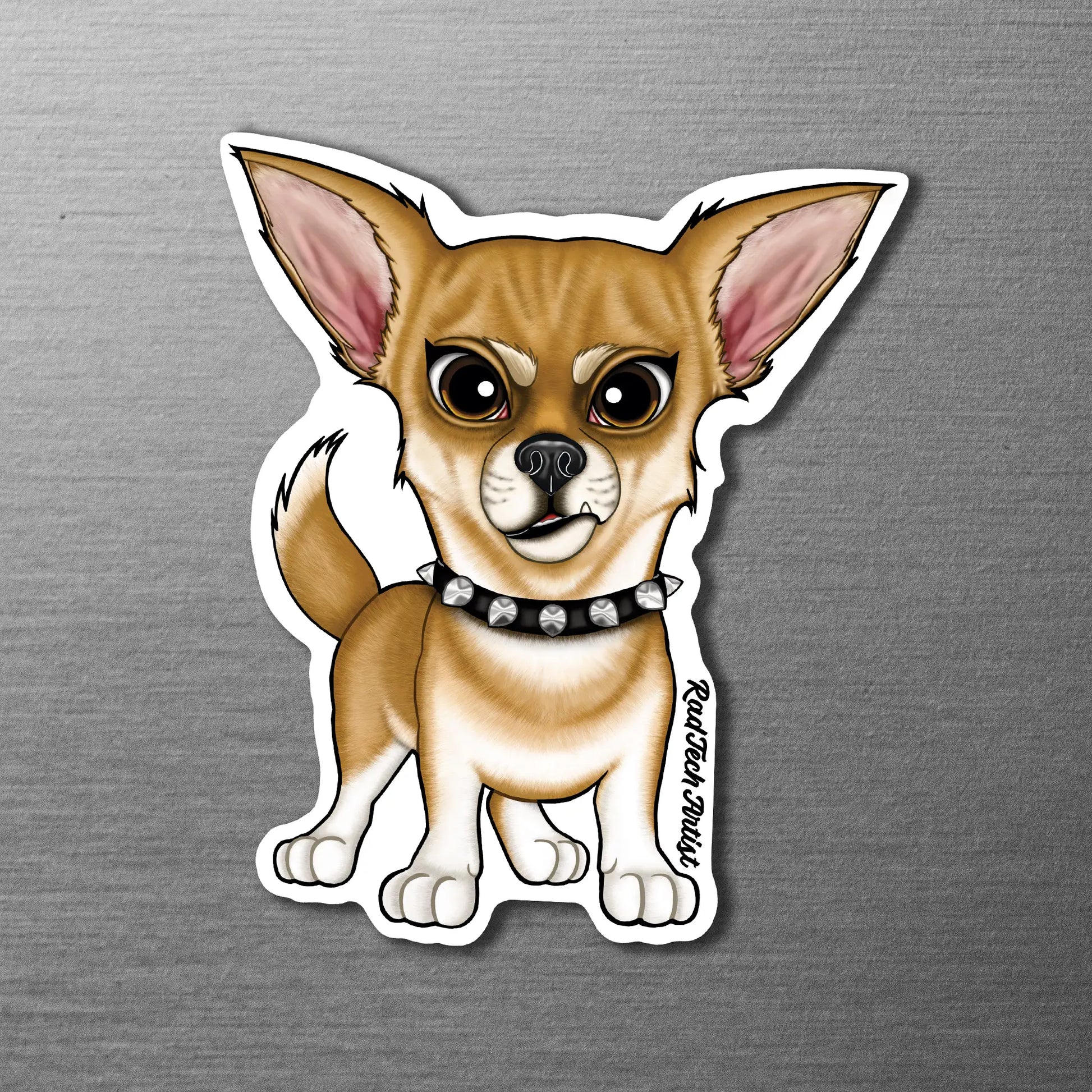 Magnet of a fawn apple head Chihuahua  on a metallic surface