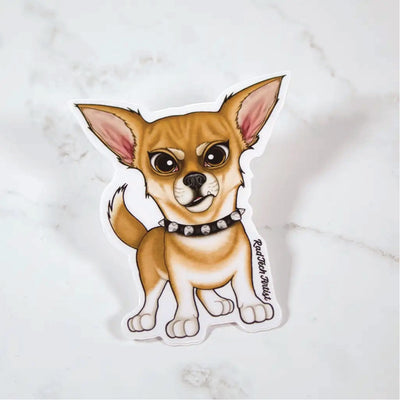 Cartoon-style sticker of a fawn chihuahua with a spiked collar on a marble surface
