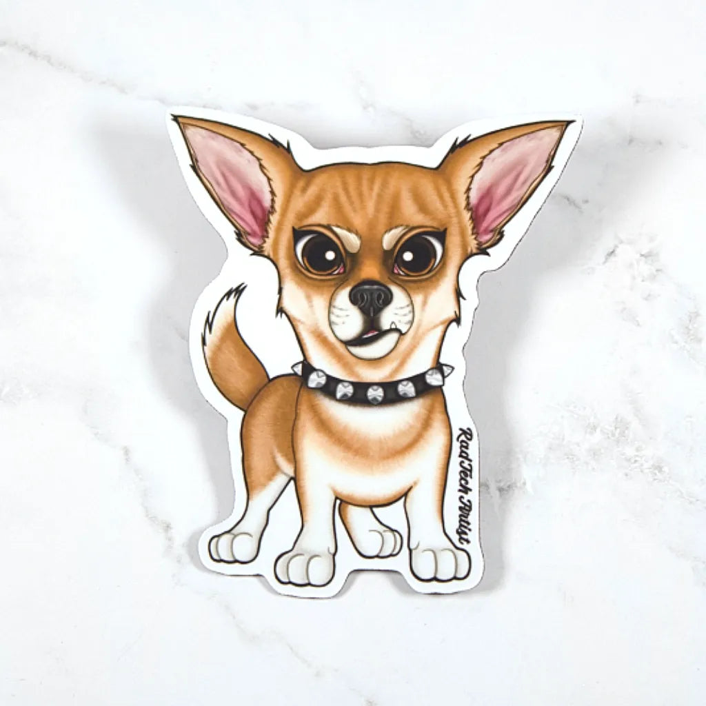 Magnet of a fawn cartoon chihuahua dog with a black collar on a white background