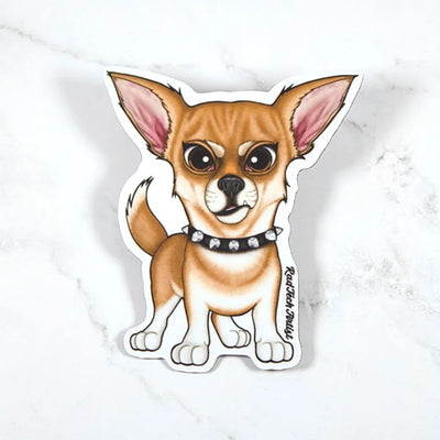 Magnet of a fawn cartoon chihuahua dog with a black collar on a white background