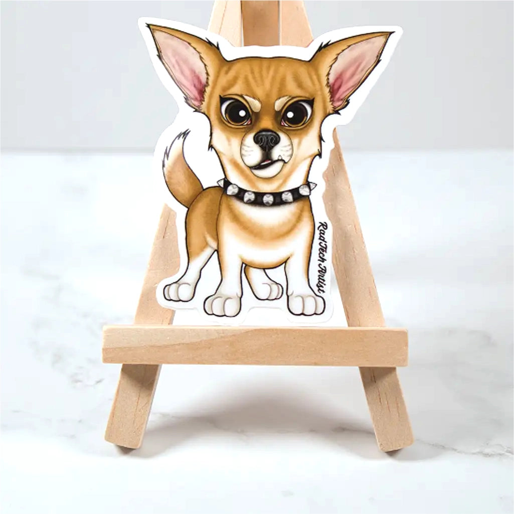 Sticker of a fawn Chihuahua on a small wooden easel against a white background