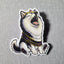 Sticker of a black and white husky dog wearing a tiara and 'Drama Queen' sash on a gray background