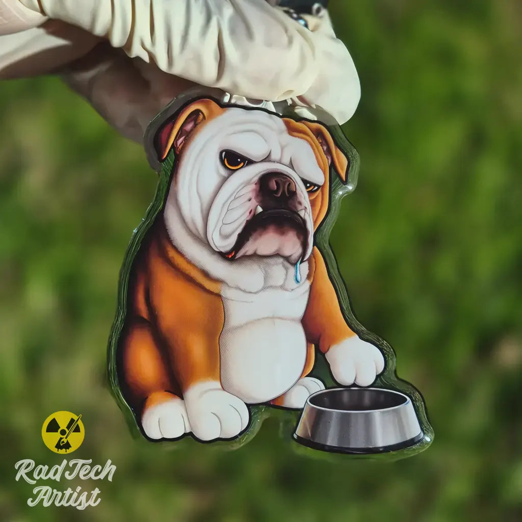 Hand holding a red and white English Bulldog acrylic keychain with a metal dog bowl, featuring glossy epoxy coating and detailed illustration.