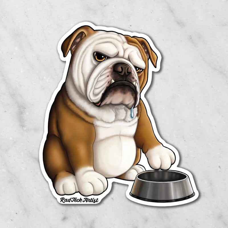 Magnet of a red and white English bulldog with a silver food bowl on a marble background