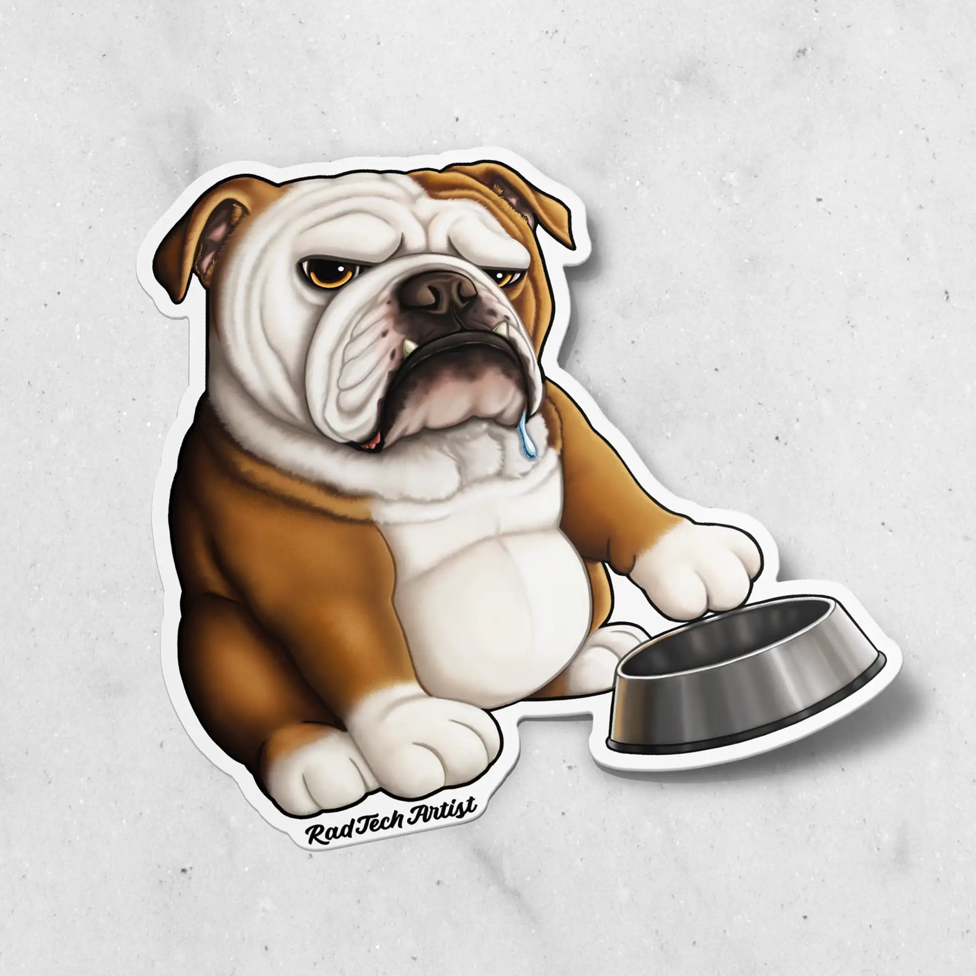 Sticker of a red and white English bulldog with a water bowl on a textured gray background