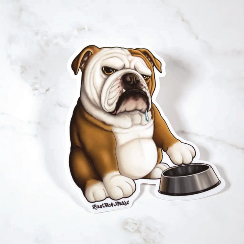 Sticker of a red and white English bulldog with a bowl on a marble surface