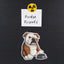 Magnet of a red and white English Bulldog tapping a silver bowl with 'Fridge Friends' text and radiation symbol above it on a black background.