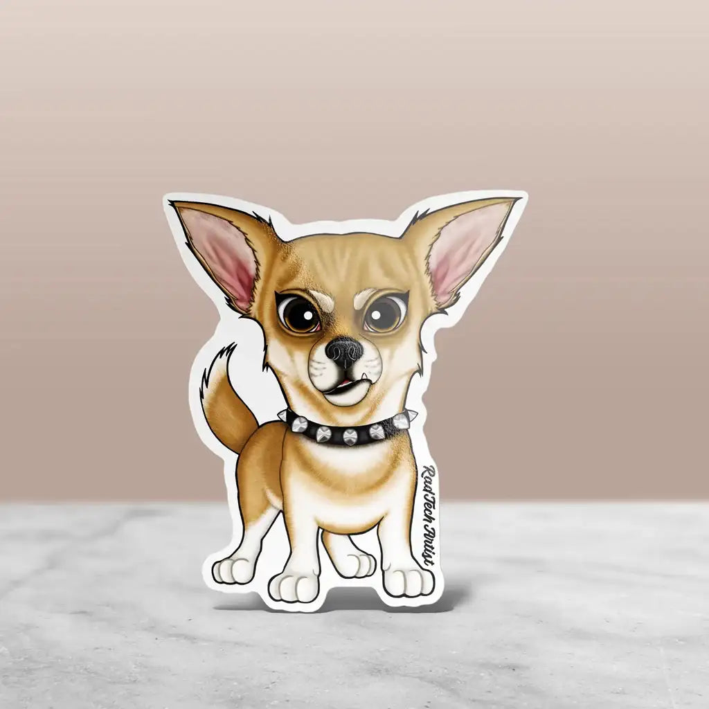 Fawn-colored apple head chihuahua sticker with a bold expression and spiked black collar.