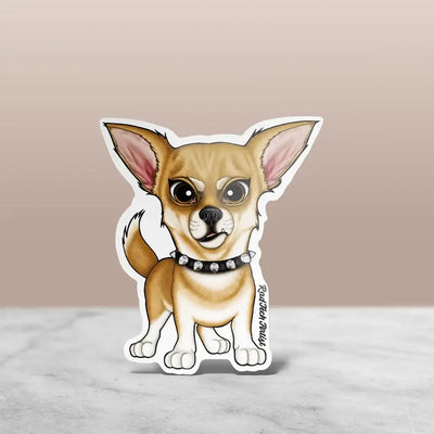 Fawn-colored apple head chihuahua sticker with a bold expression and spiked black collar.