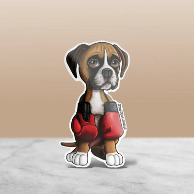 Fawn Boxer puppy sticker with a soft expression, wearing red boxing gloves and sitting calmly.