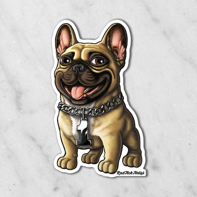 Magnet of a fawn French Bulldog with a silver chain collar on a marble background