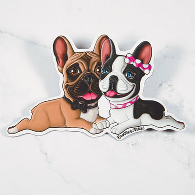 Magnet of Two cartoon-style French bulldogs on a white marble background