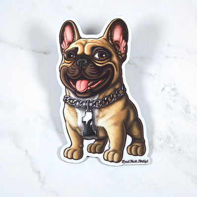Magnet of a fawn French Bulldog with a chain collar on a light gray background